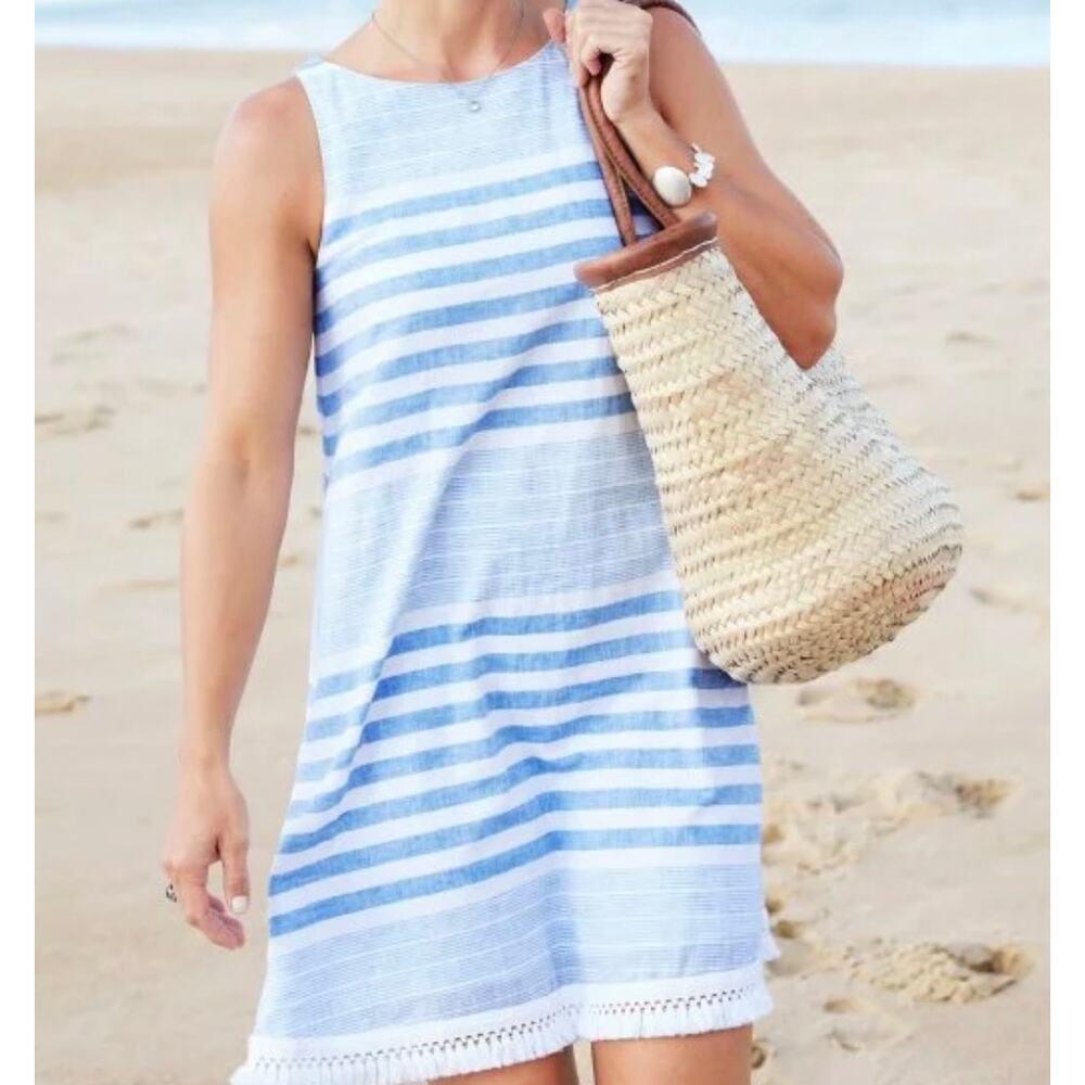 Vineyard Vines Women’s Dress 00 LINEN Blend‎ Martha's Striped Blue White Cap